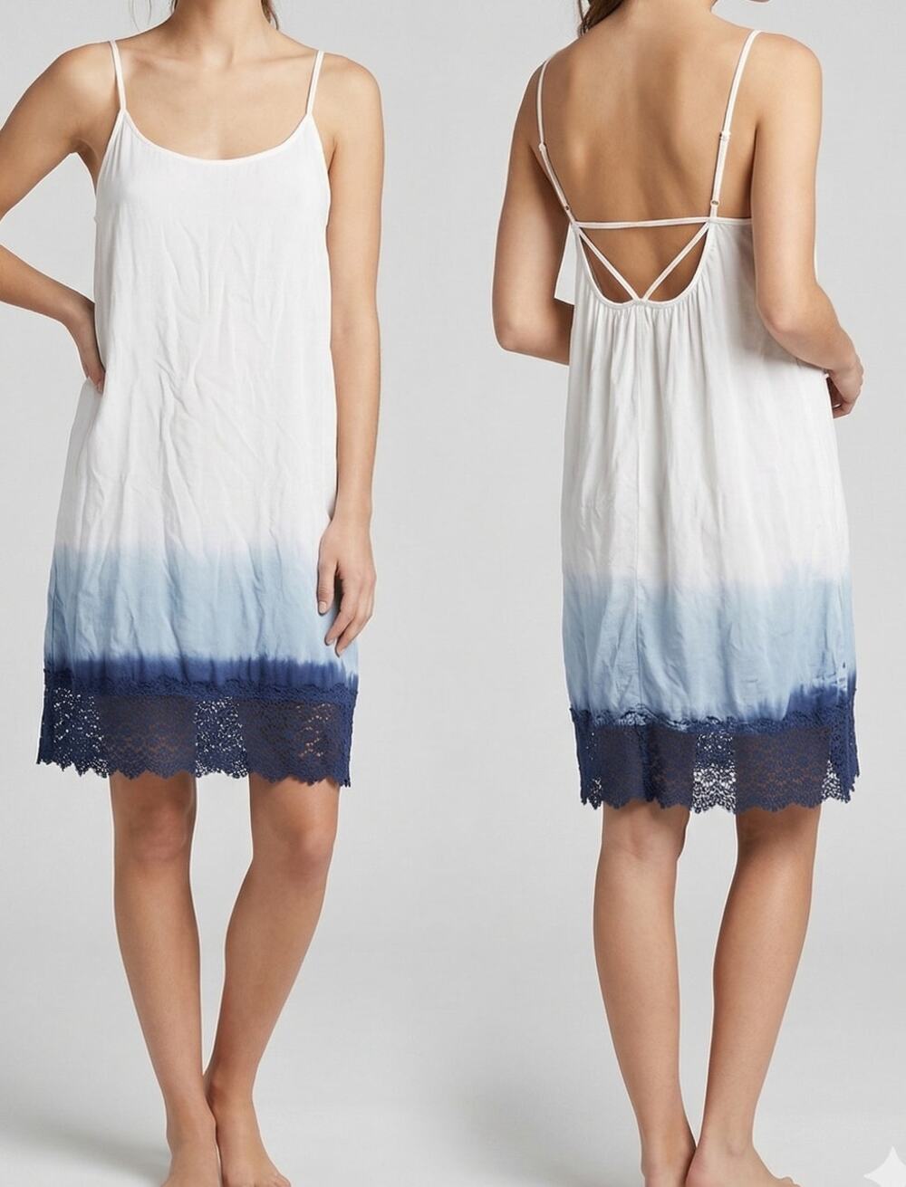 Raviya Made In India Dress Small White Blue Lace Hem Tie Dye 100% Rayon